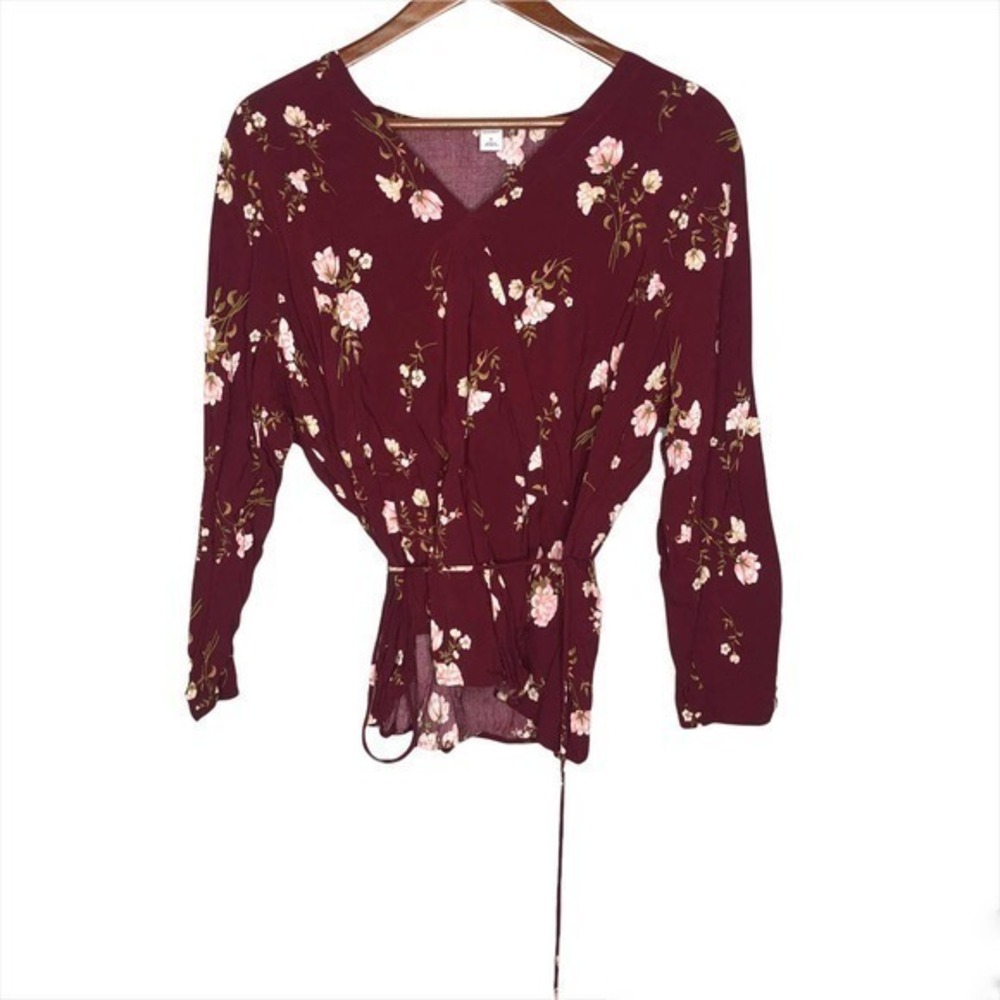 Old navy burgundy red floral faux wrap top belt waist popover blouse top XL